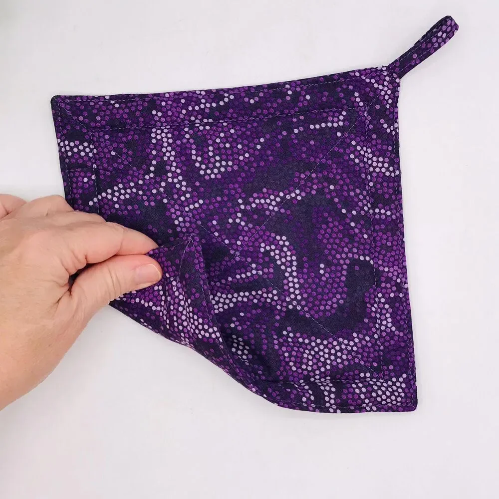 2 Square Potholders, Purple Swirled Dots, Cottage Core Kitchen 7x7 Inches